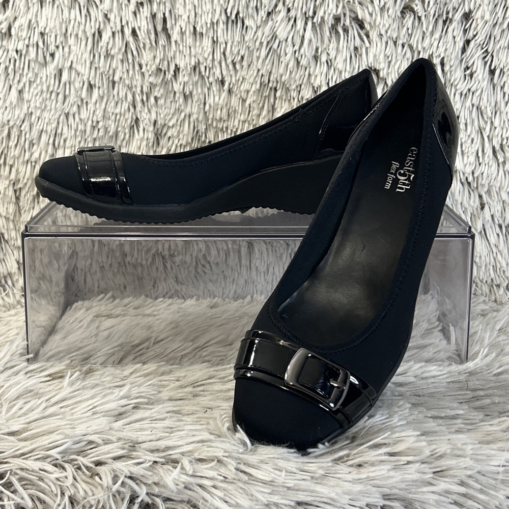 East 5th Barbara Black Gloss Matte Wedge Heel Slip On Buckle Casual Shoes Sz 7.5